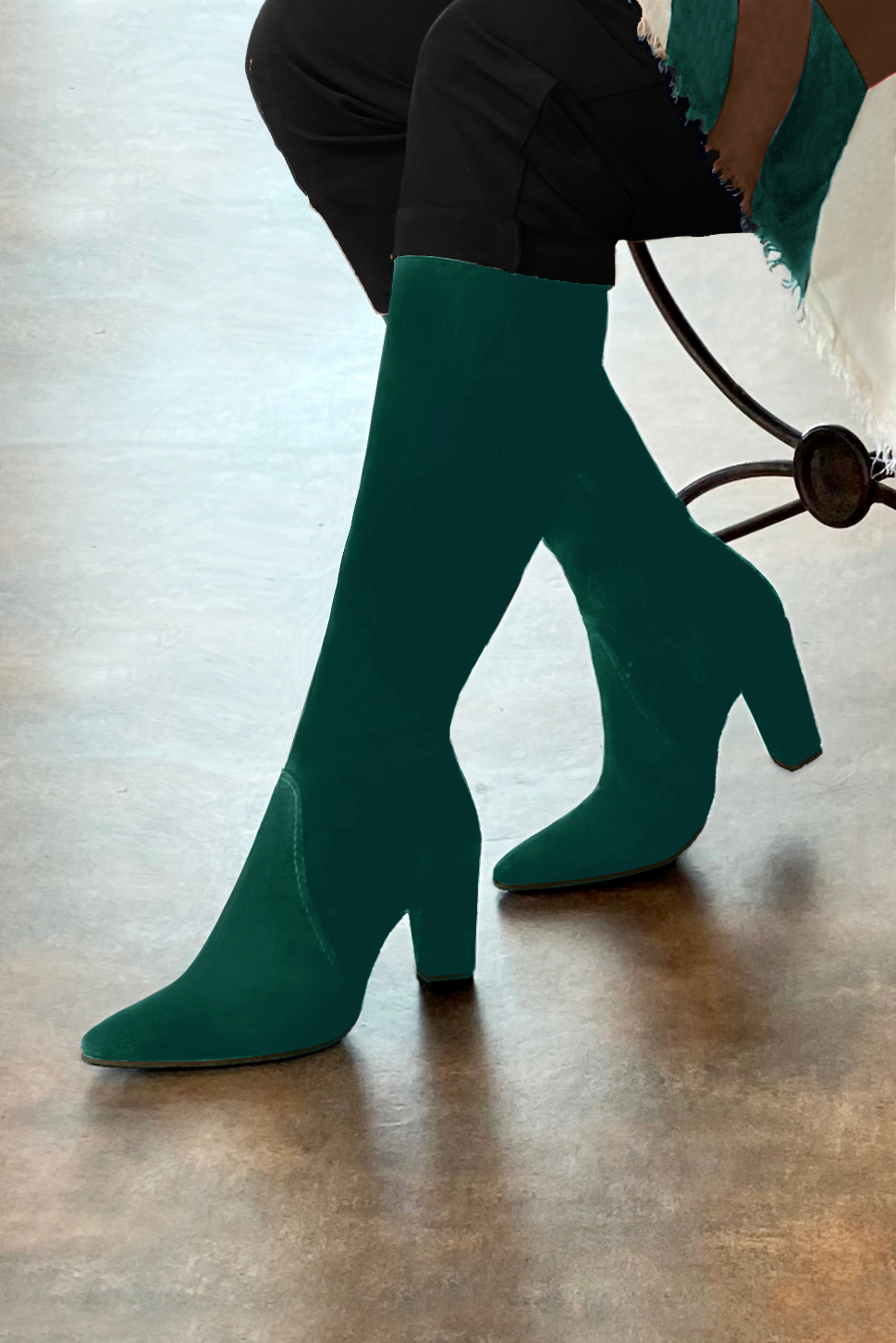 Forest green women's feminine knee-high boots. Tapered toe. Very high block heels. Made to measure. Worn view - Florence KOOIJMAN